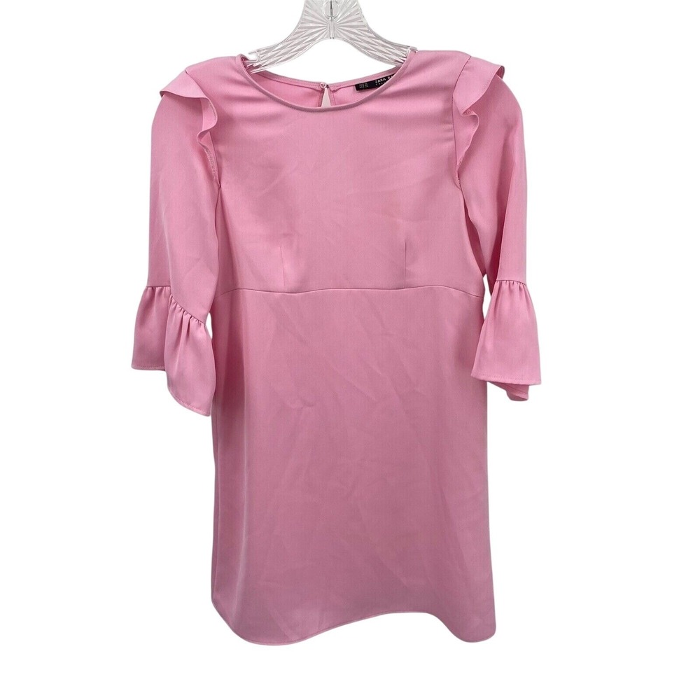 Zara Basic Pink Ruffle Shoulder Bell Sleeve Mini Dress  Keyhole Back Womens XS